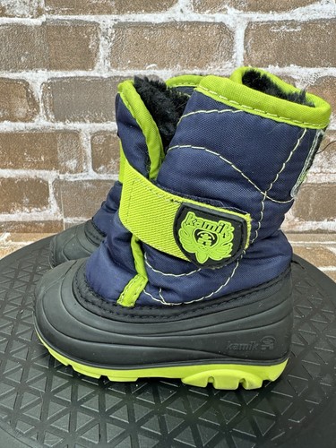 Kamik Snowbug 5 Neon Green Navy Winter Fur Lined Snow Boots Toddler Boys Size 5