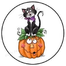 CAT SITTING ON PUMPKIN HALLOWEEN ENVELOPE SEALS LABELS STICKERS PARTY FAVORS