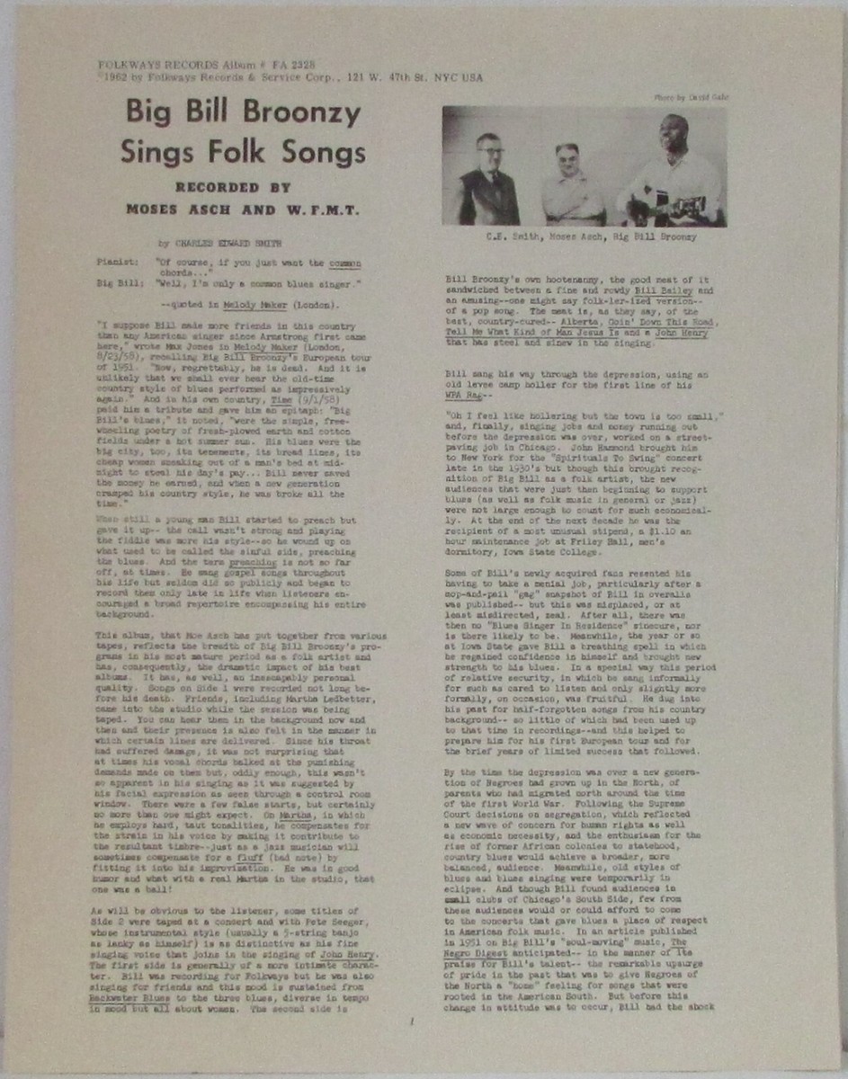 米LP Big Bill Broonzy Sings Folk Songs FA2328 FOLKWAYS /00260 Big Bill Broonzy Sings Folk Songs | Big Bill Broonzy