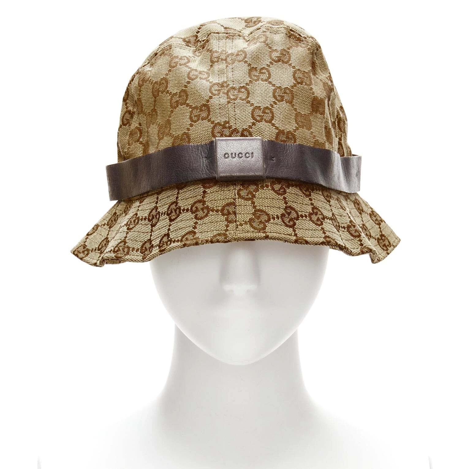 Chapeau seau GUCCI vintage marron GG monogramme garniture cuir L