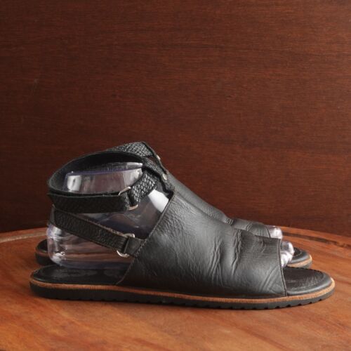 Sorel Sandals Womens SZ 9 BLK Ella Mule Leather Ankle Strap Flat Peep Toe Shoes