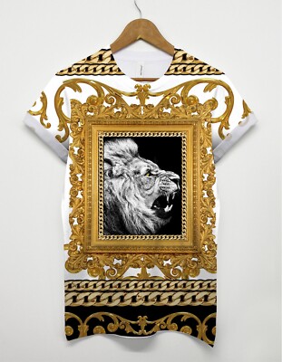 Lion Gold All Over Print T shirt Urban Hip Hop Swag Top Street King Chain Men