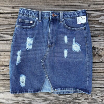 H&M Distressed Denim Skirt Pencil Cut Med Wash Blue Womens SZ 8 NWT