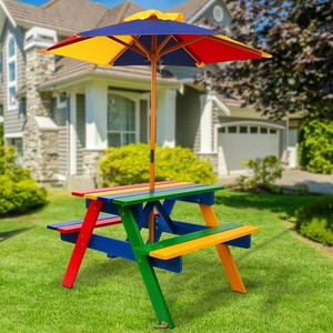 Keezi Kids Wooden Picnic Table Set With Umbrella Solid Wood Outdoor Bench Seat Ebay