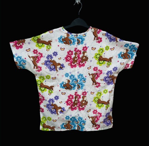Curious George Monkey Shirt Floral Print Flowers White Womens Small Scrub Top - Picture 3 of 3