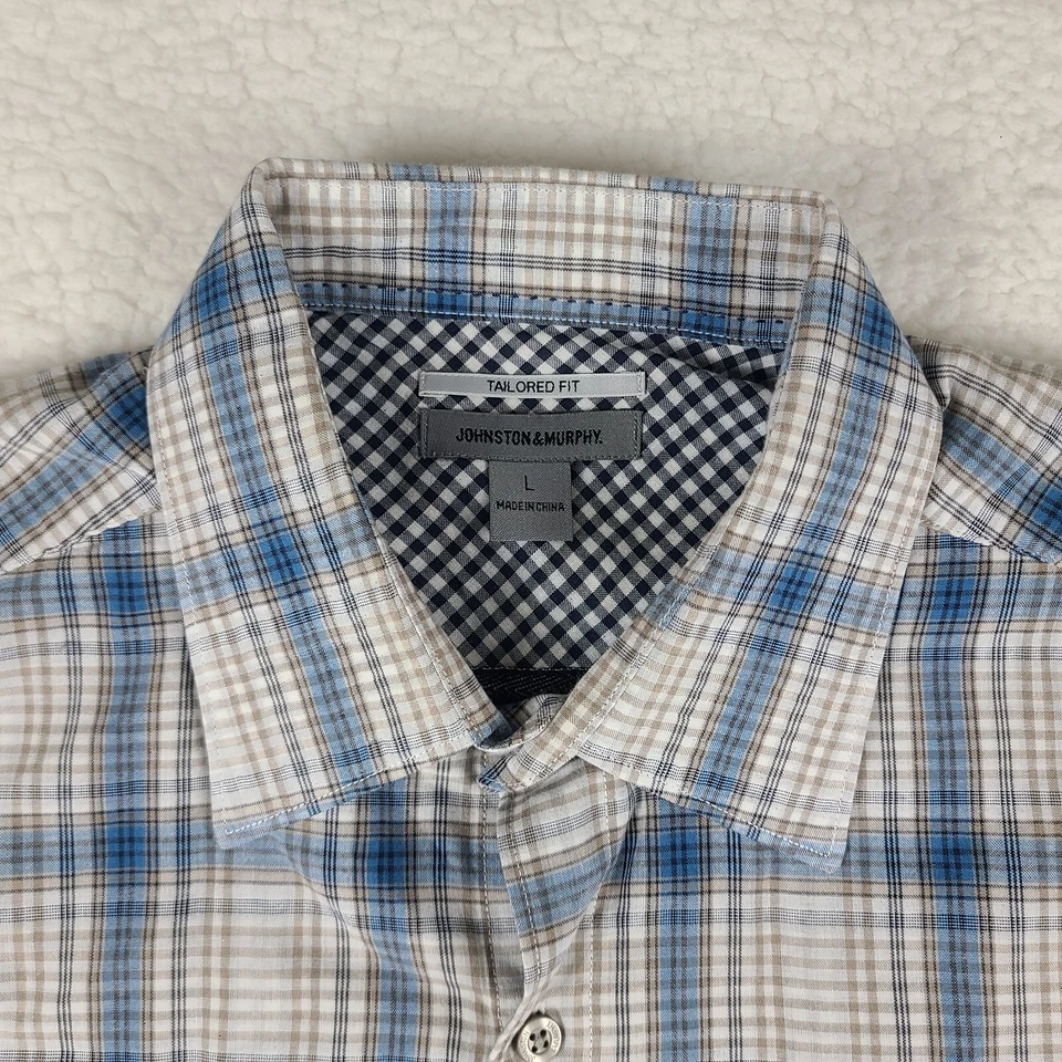 Camisa de franela Johnston Murphy para hombre grande azul marrón a cuadros ajuste a medida abotonada Foto 4 de 4