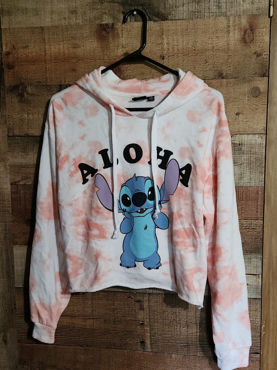 Disney Lilo Stitch Coral/White Crop Top Pullover Hoodie Size M