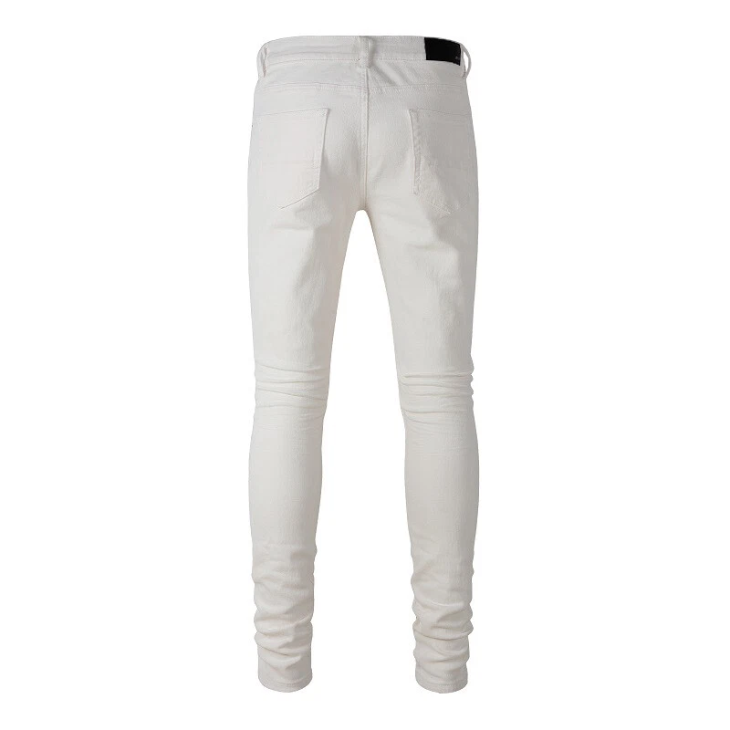 Men's White Skinny Jeans Ripped Knee Stretch Denim Pants with Pleated Patchwork - Image 2 of 4
