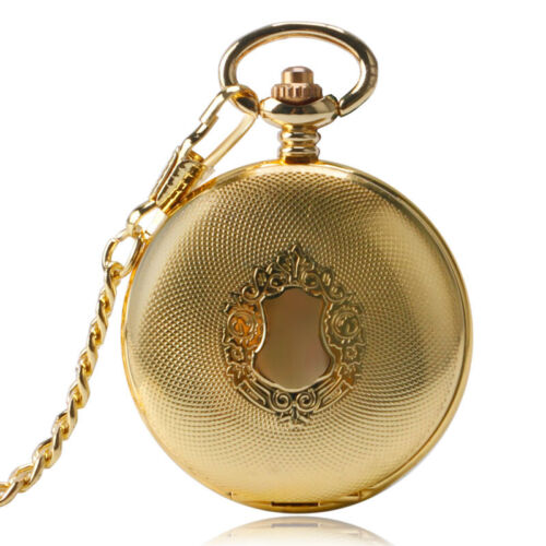 Golden Automatic Pocket Watches with Fob Chain Shield Men Women Christmas Gift - Picture 2 of 10