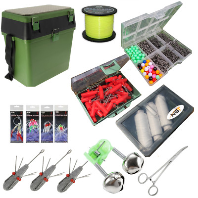 LOADED SEA FISHING TACKLE SEAT BOX WITH WEIGHTS LINE HOOKS BAIT ELASTIC + MORE