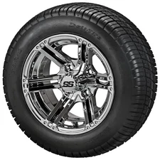 (4) Golf Cart 215/50-12 Deli Street Tires on 12x6 Chrome Yukon Wheels