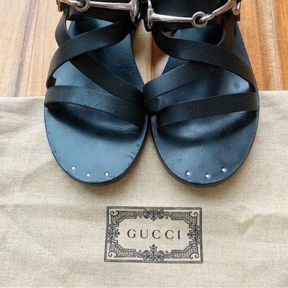 GUCCI Juliette Black Leather Horsebit Open Toe Flat Strappy