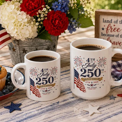 4th of July 250th Anniversary Ceramic Mug, Patriotic Americana Coffee Cup