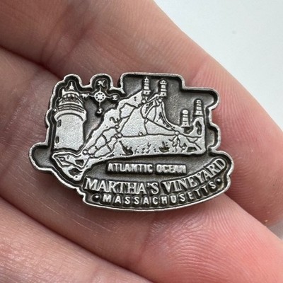 Vintage Marthas Vineyard Massachusetts Lighthouse Map Lapel Pin Pewter Martha's