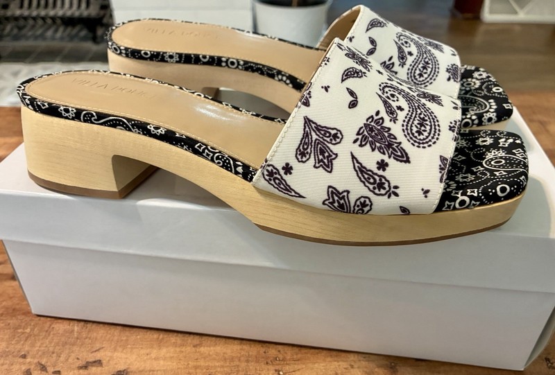 Villa Rouge Wood Block Heel Bandana Paisley Slides Clogs Sandals Black White 8