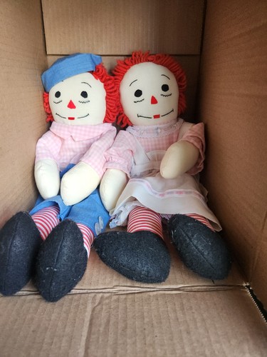 Vintage Handmade Raggedy Style Cloth Doll Pair 20” Primitive Folk Art