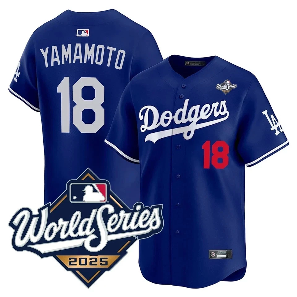 男子道奇队 #18 Yoshinobu Yamamoto 2025 世界系列球衣缝制免税 — 第 3/4 张图片