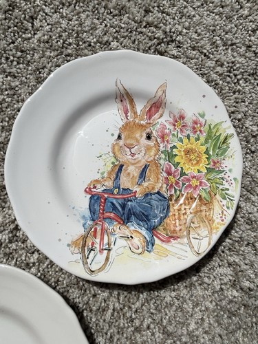 3 Pier 1 "Hop Town Bunnies" 8.5 in Salad Plates - Retired Easter Spring - Picture 3 of 8