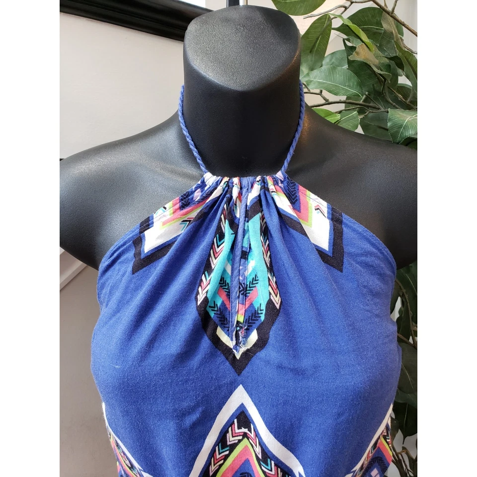 No Boundaries Long Maxi Dress Womens L Blue White Pleated Halter Neck Sleeveless - Image 4 of 4