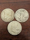 90% Silver 3 Half Dollars Walking Liberty, Kennedy And Franklin