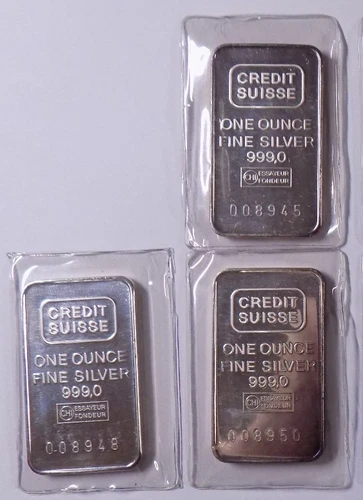 Lot of Three sealed Credit Suisse 1 troy oz .999 fine silver bars