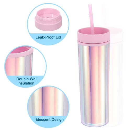 Skinny Acrylic Tumbler with Lid & Straw, 16Oz Iridescent Tumblers (Pink) - Picture 3 of 6