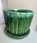 Vintage McCoy Pottery Green Bamboo Planter Pottery 4” Tall  w/Attached Saucer