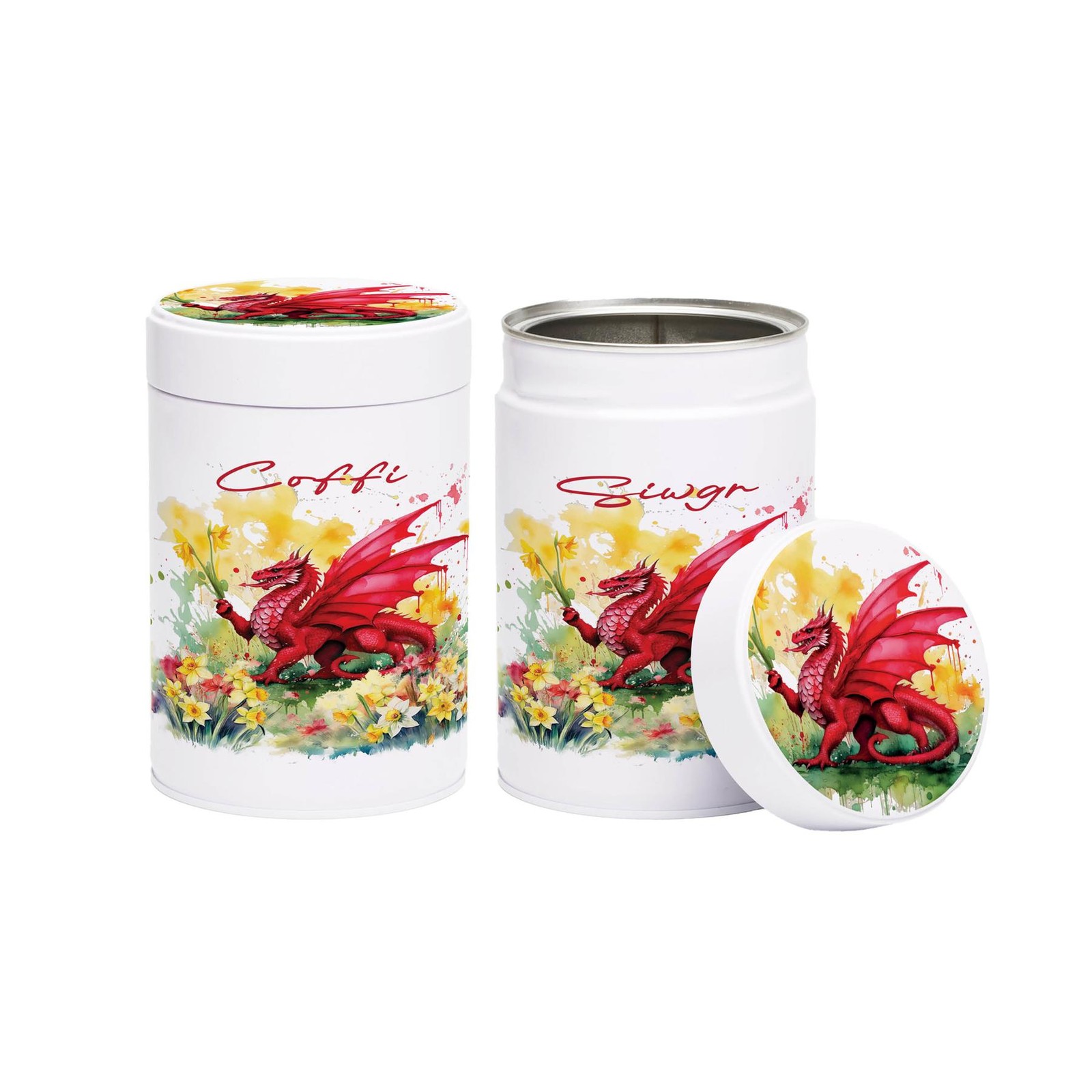 Welsh Dragon & Daffodils Coffi & Siwgr Canister Set - Wales Souvenir Gifts