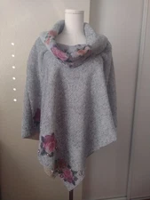 Womens Cowl Neck Pullover Poncho Shawl Gray Floral and Pearl Accents Sherpa