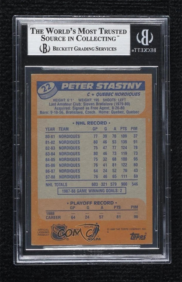 BAS 1988-89 Topps Peter Stastny #22 BGS Authentic Auto HOF - Image 2 of 2