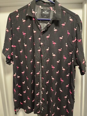 Hollister Mens Hawaiian Shirt Large Black Button Up Short Sleeve