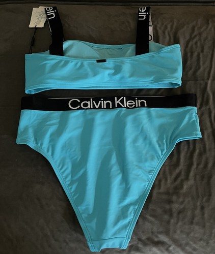 Calvin Klein Cinturini Logo Nero Bikini Blu Nuoto Set 2 piedi, Taglia USA XLarge - Foto 6 di 8