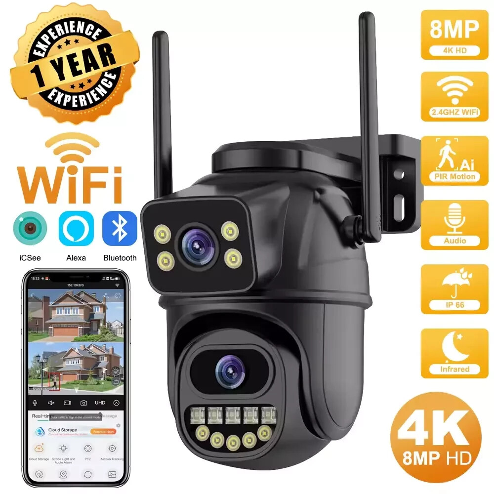 4K 8MP HD Wifi PTZ Camera Outdoor Dual Lens Dual Screen AI Auto