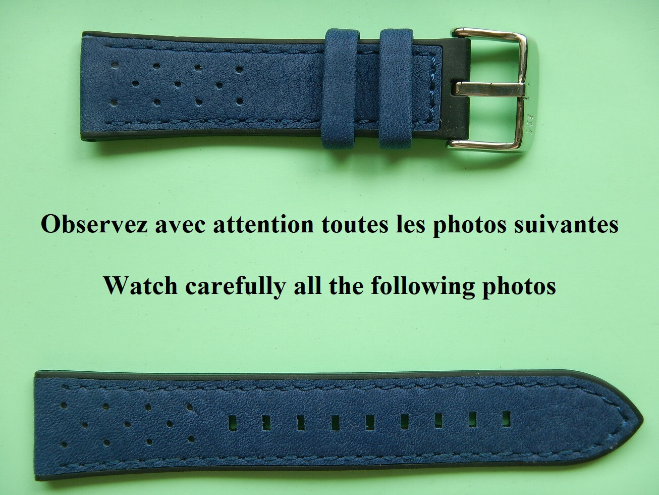 Bracelet montre 22mm en cuir de vachette nubuck bleu racing style rallye de haute manufacture