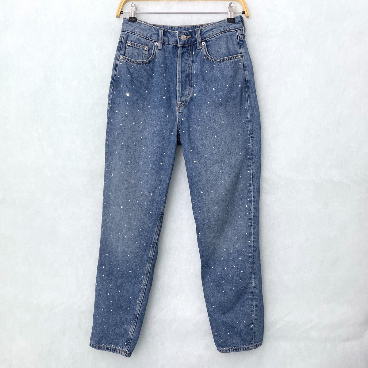 H&M Divided Women's Rhinestone Mom Jeans Light Wash Button Fly Hi Rise size 
