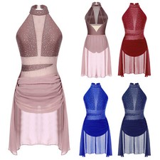 Womens Leotard Mesh Dance Performance Costume Sleeveless Lyrical Dress Sheer