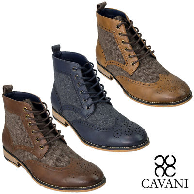 Mens Cavani Peaky Blinders Tweed Oxford Brogue Herringbone Ankle Boots Shoes Ebay