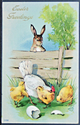 Fantasy Easter - Rabbit Watching Chicks & Hen Over Fence  PC1315