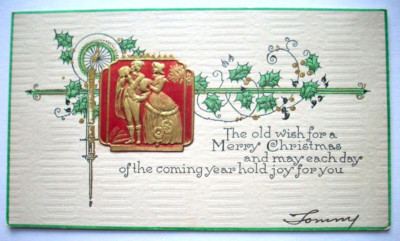 20's 30's Applied couple goldtone sticker  Christmas greeting card *4C