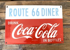 VINTAGE ROUTE 66 Drink COCA-COLA IN BOTTLES SODA COKE PORCELAIN GAS OIL AD SIGN