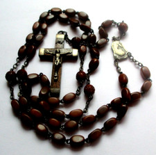 Ancien chapelet superbe sautoir perles graine pendentif croix  argent bijou 5380