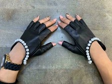 Handmade Women's Fingerless Pearls Napa Leather Lambskin Black Gloves
