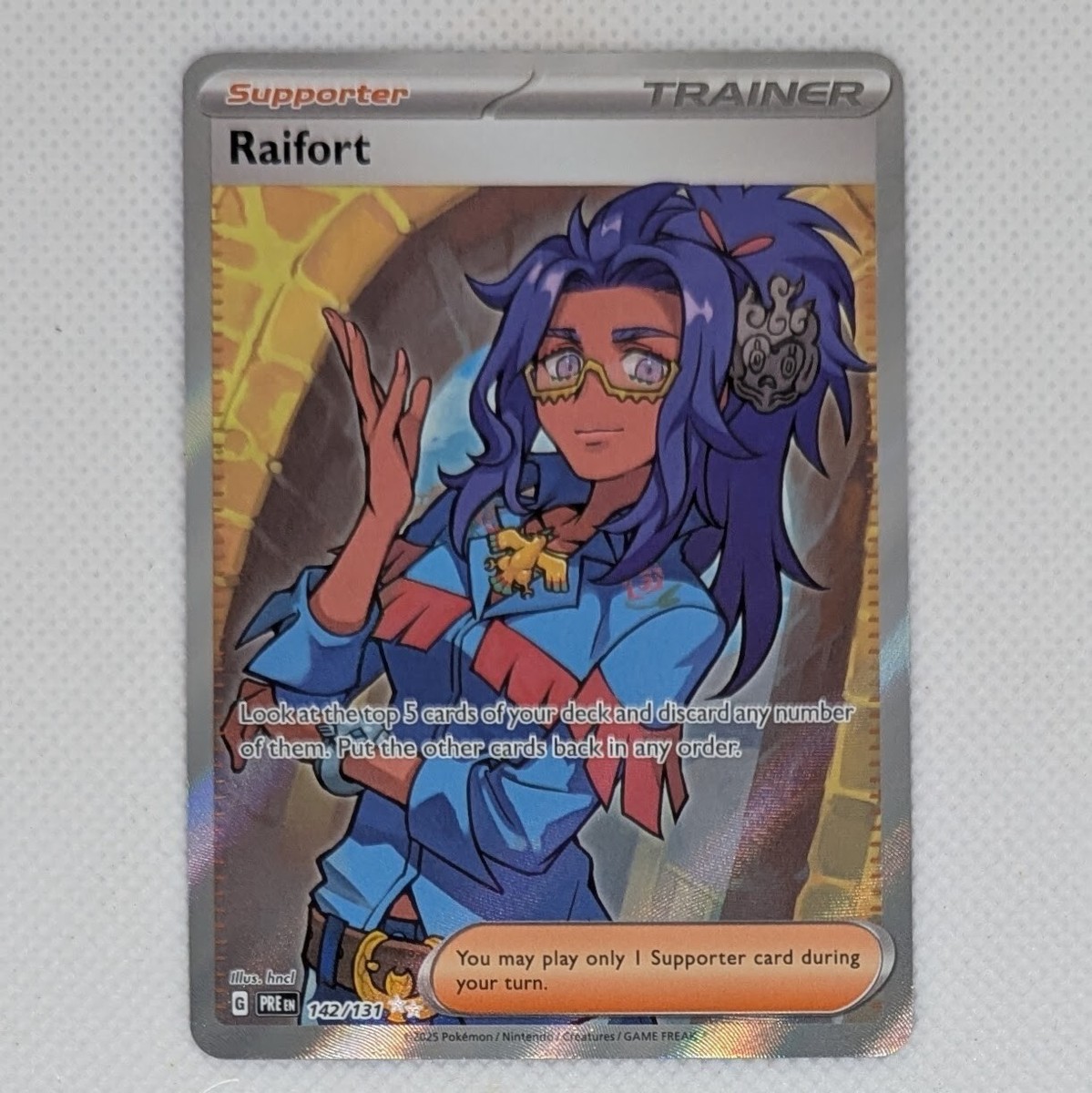 raifort pokemon card 2025 Prismatic Evolutions #142/131 Ultra Rare SGC 9.5 Look at the top 5 cards of your deck and discard any number of them Raifort - SV8a: Terastal Fest