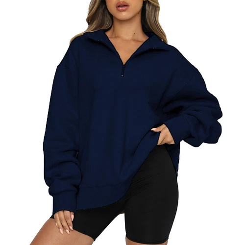 Womens Oversized Half Zip Pullover Long Sleeve Sweatshirt Hoodie Sweater Blouse - Picture 14 of 75