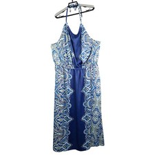 Womens Blue Paisley Halter Maxi Dress With Elastic Waist 100% Polyester Size M