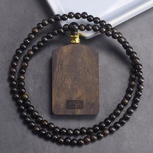 Collana ciondolo dio ricchezza giallo ottone antico agarwood vintage maglione catenina - Foto 5 di 12