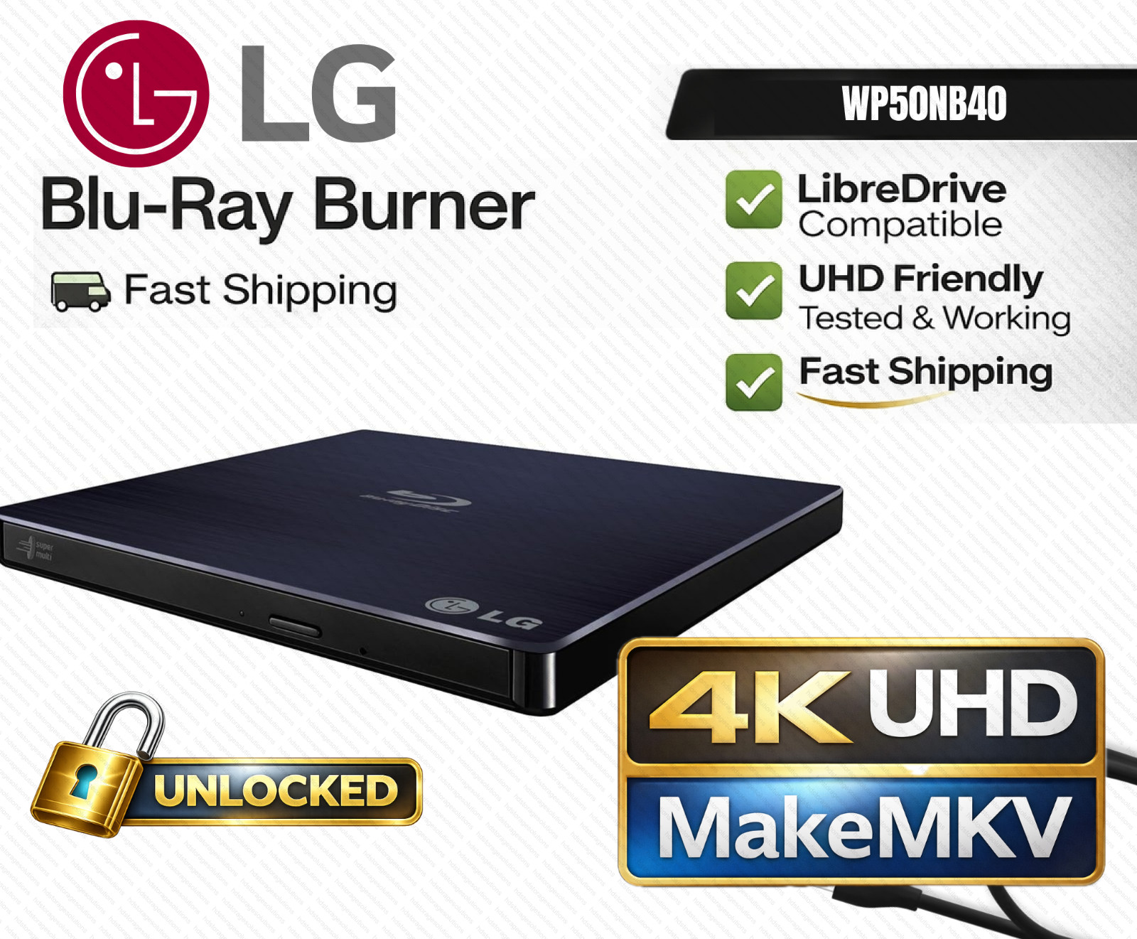 LG WP50NB40 UHD Friendly LibreDrive 4K Blu-ray Drive Pre-Flashed | MakeMKV Ready