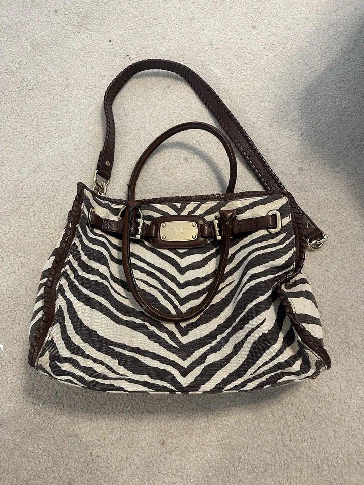 Michael Kors Large Tote Purse Bag Metallic Gold Zebra Print On Canvas