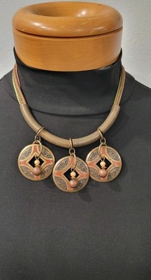 Unique Artisan Crafted Statement Necklace Earth Tones Bronze Metal Tribal Design