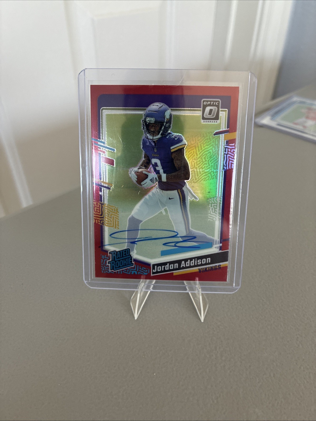 2023 Donruss Optic Rated Rookie Jordan Addison On Card Auto RC Red /75